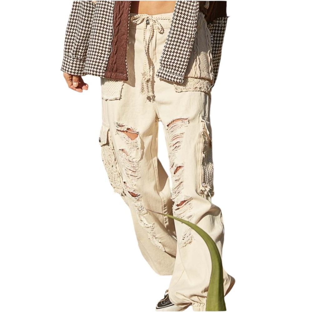 124. Oat Crochet Distressed Jogger Jeans
